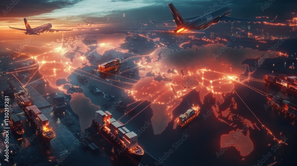Poster a computer generated image of a world with many airplanes and ships