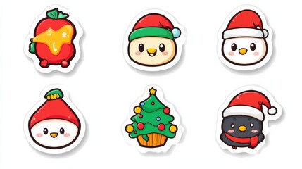 Fototapeta premium Cute Christmas Stickers: Adorable cartoon penguin, snowman, and Christmas tree illustrations in festive colors. Perfect for holiday crafts, gift wrapping.
