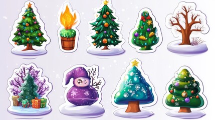 Fototapeta premium Christmas Tree Stickers: A whimsical collection of hand-drawn Christmas tree stickers, perfect for adding a festive touch to your projects.