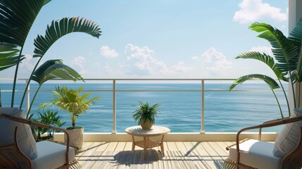 Fototapeta premium Ultra detailed balcony with a view of the sea, equipped with a sunbed