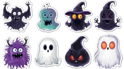 Fototapeta premium Cute Halloween Monsters Stickers: A collection of adorable and spooky Halloween monsters in sticker format. Perfect for decorating your Halloween party, adding a touch of fun to your crafts.