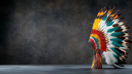Cultural heritage exhibition traditional native american headdress studio background artistic display solo perspective identity exploration