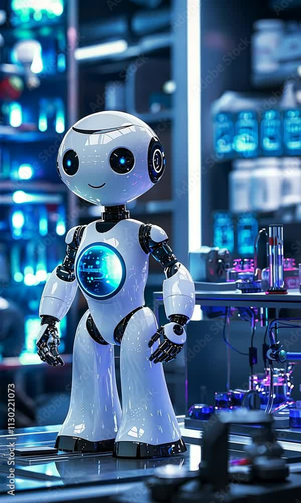 Aufkleber a friendly robot with a glowing core stands in a futuristic lab filled with technology.