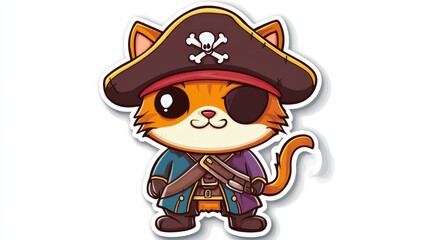 Fototapeta premium Pirate Cat Cartoon Character Illustration: A cute and charming cartoon cat dressed as a pirate, complete with an eyepatch, a hat, and a sword.