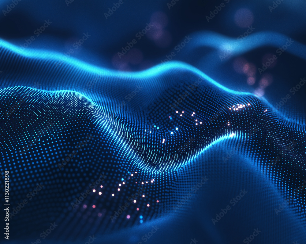 Poster a glowing dark blue abstract scene with scattered luminous particles and mesmerizing bokeh effects, 