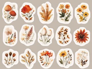 Autumn Floral Stickers: A collection of 16 unique and beautiful watercolor floral stickers in warm autumnal tones. Perfect for adding a touch of nature to your planner, laptop, or any other surface. 