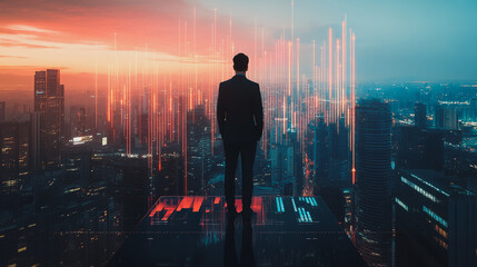 Fototapeta premium Abstract business man stands on the peak of success amid tall, innovative Smart city and graphs with statistics to analyze business potential and predict future developments in company growth.