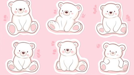 Obraz premium Cute Polar Bear Stickers: A delightful collection of six adorable polar bear illustrations, perfect for adding a touch of whimsy to your designs. Each bear sits with a sweet expression.
