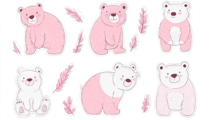 Obraz premium Adorable Pink and White Bear Clipart Collection: A set of six charming hand-drawn pink and white bears, perfect for adding a touch of cuteness to your designs.