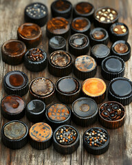 Collection of decorative, handcrafted, round buttons with various textures and colors on rustic wood.