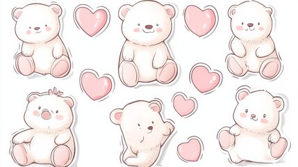 Obraz premium Adorable Polar Bear Cubs with Hearts: Six charming illustrations of cute polar bear cubs, surrounded by hearts, perfect for children's products, Valentine's Day designs.