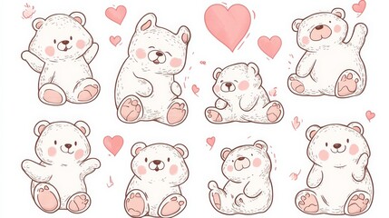 Obraz premium Adorable Polar Bear Cubs in Love: A collection of charming illustrations featuring eight cute polar bear cubs in various playful poses, surrounded by hearts. Perfect for Valentine's Day.