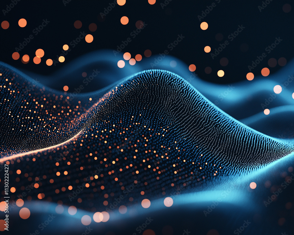 Poster a glowing dark blue abstract scene with scattered luminous particles and mesmerizing bokeh effects, 