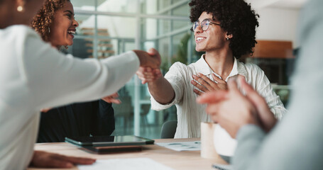 People, happy or handshake in office for congratulations, creative collaboration or promotion....