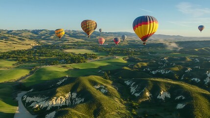 Obraz premium Colorful hot air balloons fly over rolling hills and green fields at sunrise.
