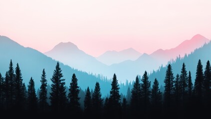 Naklejka premium 美しい朝の霧で包まれた山々と森林の風景
