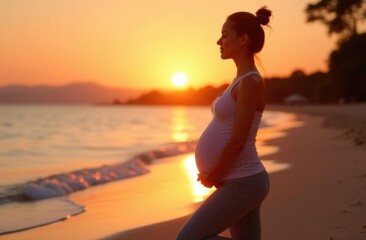 Fototapeta premium Beautiful young pregnant woman hugging her belly and looking at beautiful sunset on the seashore. Concept of self-care, healthy lifestyle, healthy pregnancy management, activity and cheerfulness