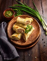 Savory pancakes stuffed with minced meat and herbs, served on a rustic wooden platter