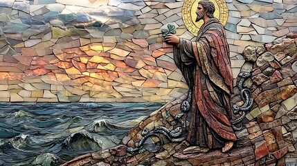 Naklejka premium Saint Patrick in a mosaic artwork, standing on a cliff as snakes flee into the ocean, shamrock raised in his hand, deep green and gold hues in the tiles, Celtic knot patterns filling the background,