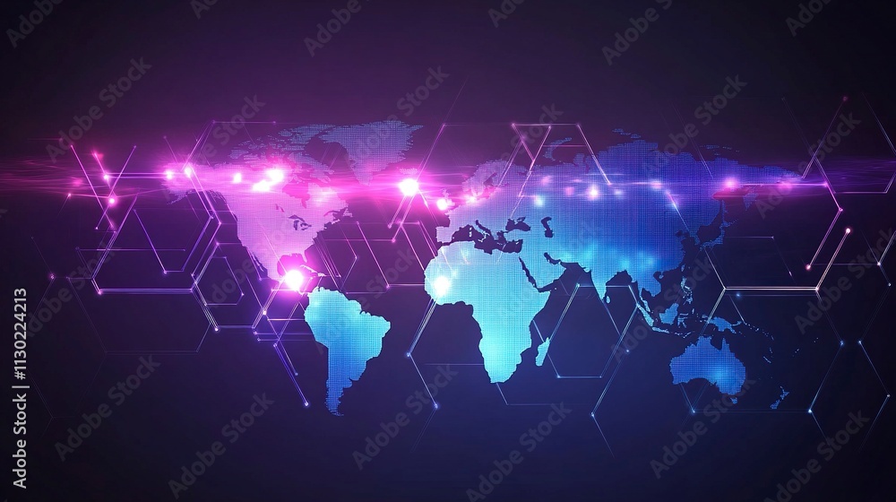 Poster illustrations of dot connecting world map purple and blue hexagonal network pattern digital hi tech 