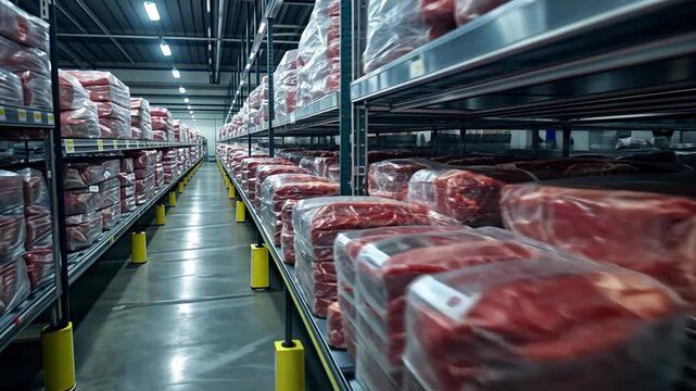 Meat Storage Warehouse: Rows of packaged beef line the shelves in a large, industrial cold storage facility.  The image conveys a sense of scale and efficiency in the meatpacking industry. 