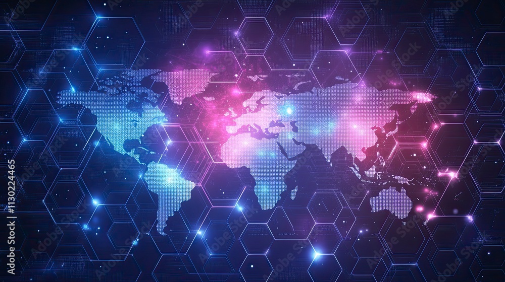 Aufkleber illustrations of dot connecting world map purple and blue hexagonal network pattern digital hi tech 