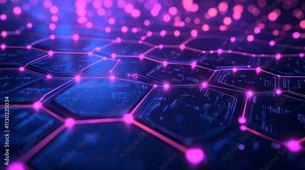 Poster illustrations of dot connecting world map purple and blue hexagonal network pattern digital hi tech 