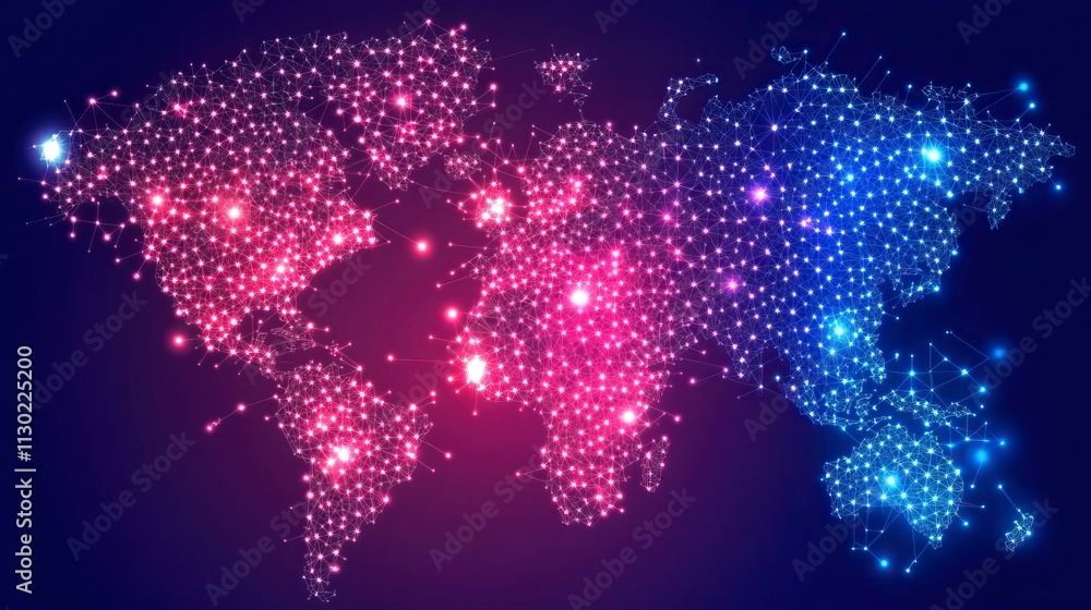 Poster illustrations of dot connecting world map purple and blue hexagonal network pattern digital hi tech 