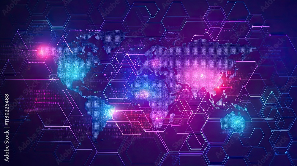Aufkleber illustrations of dot connecting world map purple and blue hexagonal network pattern digital hi tech 