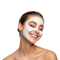 Smiling Woman with a Cosmetic Facial Mask on a Transparent Background – Natural Skincare and Beauty Concept