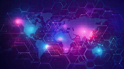 Obraz premium illustrations of dot connecting world map purple and blue hexagonal network pattern digital hi tech background. Digital innovation and technology concepts.