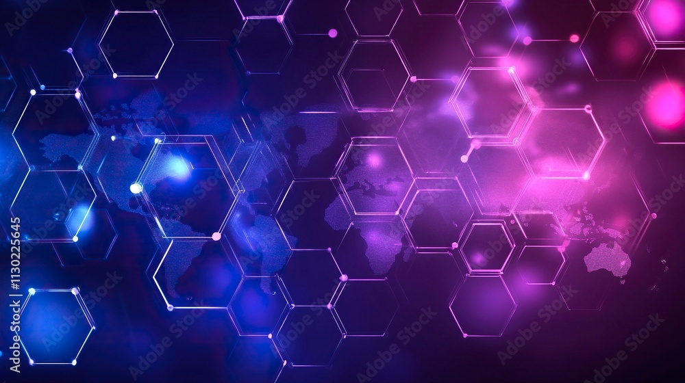 Aufkleber illustrations of dot connecting world map purple and blue hexagonal network pattern digital hi tech 