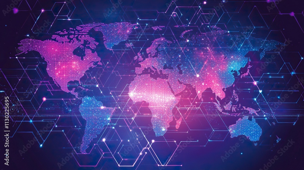 Poster illustrations of dot connecting world map purple and blue hexagonal network pattern digital hi tech 