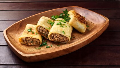 Savory pancakes stuffed with minced meat and herbs, served on a rustic wooden platter