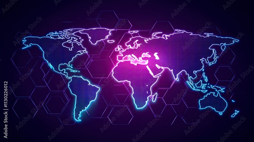Aufkleber illustrations of dot connecting world map purple and blue hexagonal network pattern digital hi tech 