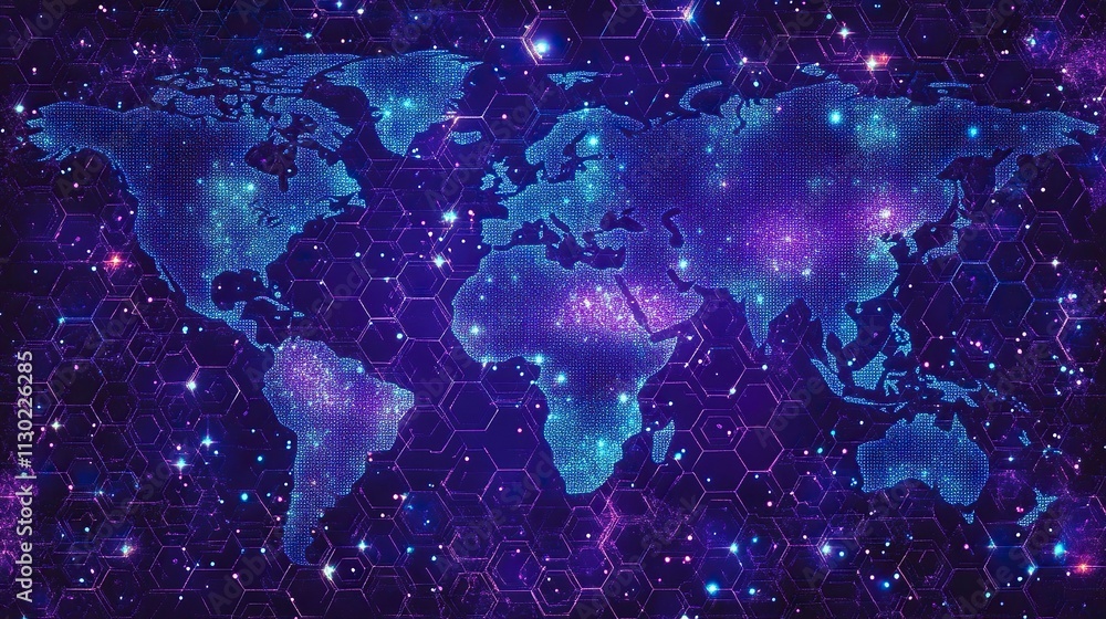 Aufkleber illustrations of dot connecting world map purple and blue hexagonal network pattern digital hi tech 
