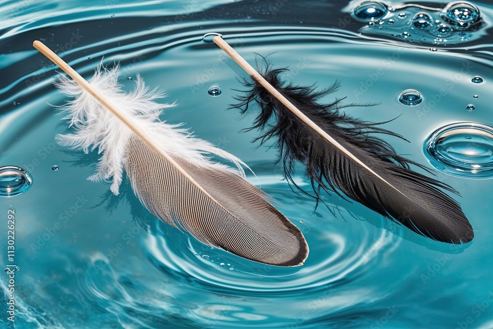 Aufkleber feathers gently floating on crystal clear water with bubbles and shimmering textures