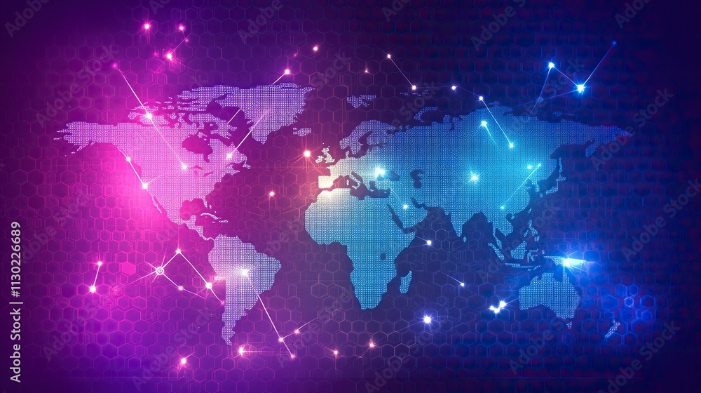 Poster illustrations of dot connecting world map purple and blue hexagonal network pattern digital hi tech 