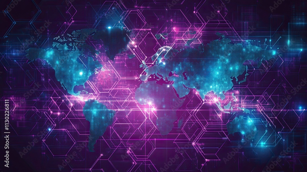 Aufkleber illustrations of dot connecting world map purple and blue hexagonal network pattern digital hi tech 