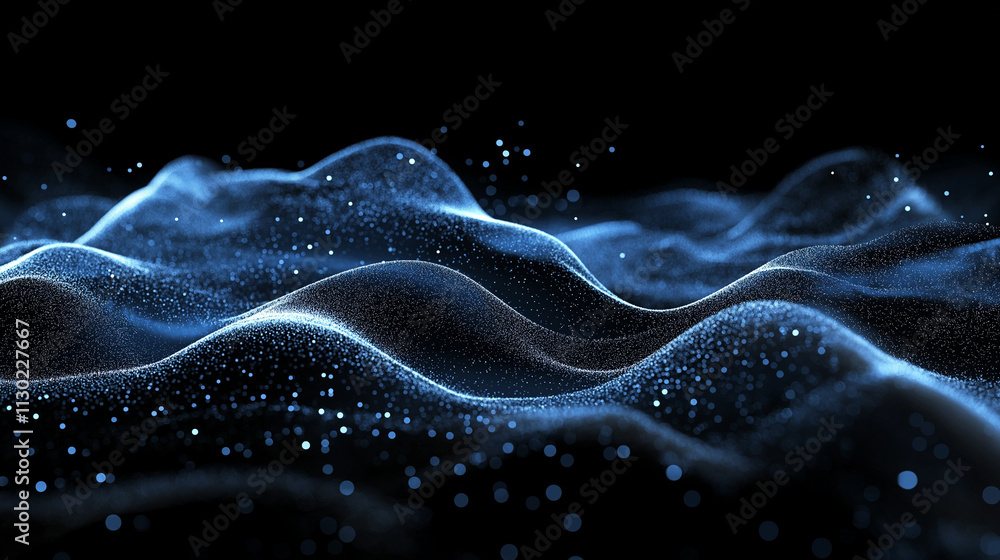 Poster a glowing dark blue abstract scene with scattered luminous particles and mesmerizing bokeh effects, 