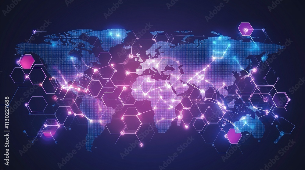 Aufkleber illustrations of dot connecting world map purple and blue hexagonal network pattern digital hi tech 