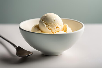 A simple image of a single scoop of vanilla ice cream in a plain white bowl. The background is a soft pastel color, with minimal details, creating a clean and serene atmosphere.