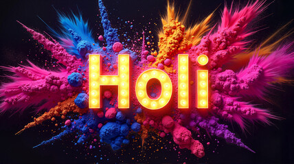 Holi text with vibrant powder explosion effect