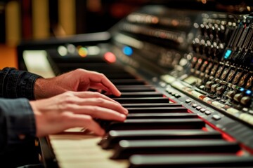 Obraz premium Closeup of a musician’s hands playing a piano in a studio setting captured in detail with emotional expression and artistic flair for music lovers and enthusiasts