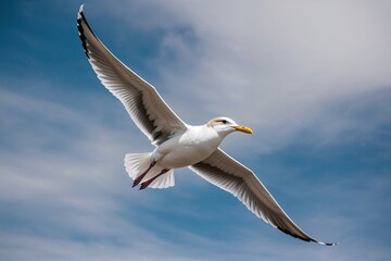 Obraz premium Graceful Seagull Flying in Bright Blue Sky