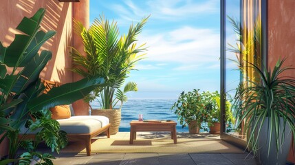 Fototapeta premium Ultra detailed balcony with an ocean view, equipped with a hammock