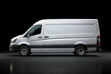 A white delivery van is shown from the side against a dark background, emphasizing its sleek design and commercial utility.