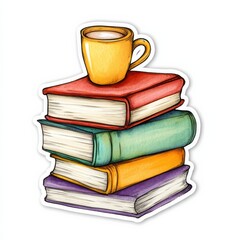 Naklejka premium Cozy Reading Nook: A stack of colorful, well-worn books, with a steaming cup of coffee resting on top, evokes a sense of comfort and relaxation. 