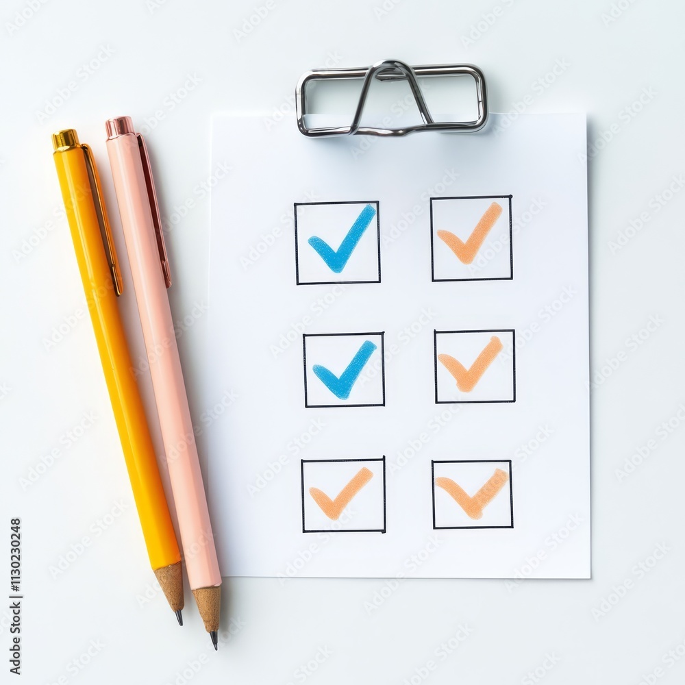 Poster checklist complete: productivity and success visualized with a checklist, two pencils, and a clipboa