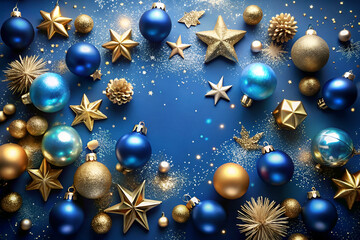 Fototapeta premium Colorful Christmas ornaments and stars scattered on a blue background, creating a festive and joyful atmosphere.